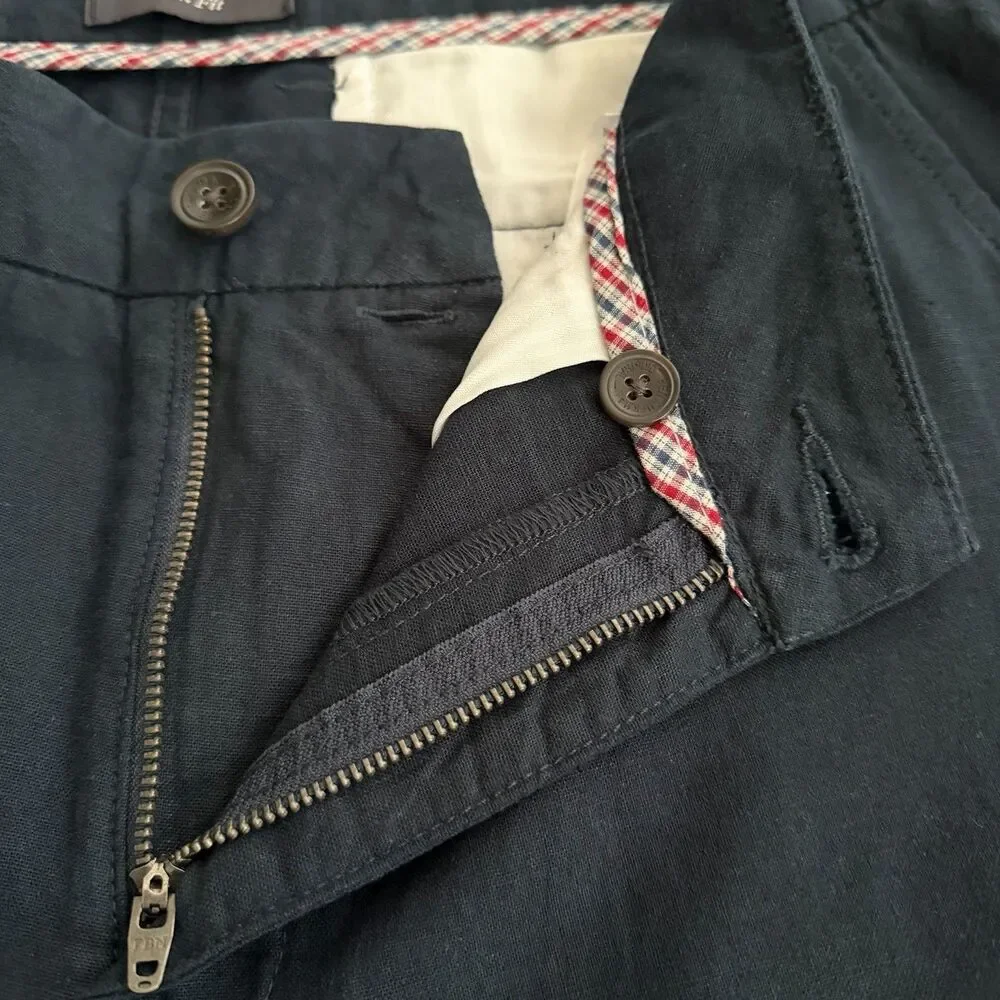 Ben Sherman Mens 32x32 Navy Blue Pants Slim Fit Linen Blend Flat Front (33x29.5)
